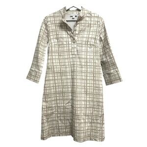 Scapa Lauren Perre Shift Dress Womens Size S Beige Grid Mock Neck 3/4 Sleeve Mod